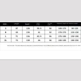 Measurement chart for clothing sizes with dimensions in centimeters and millimeters.