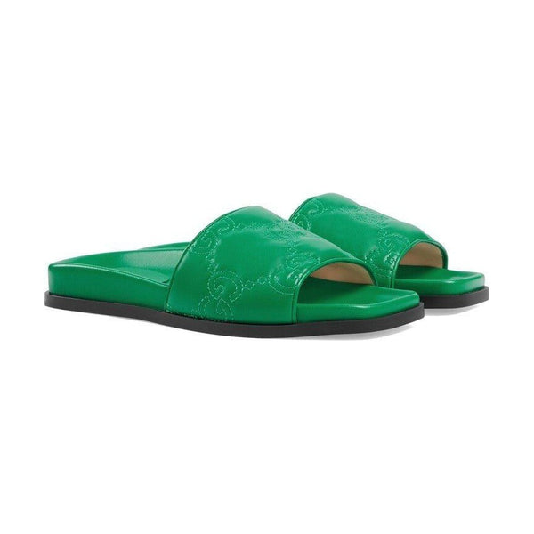 Gucci GG Matelassé Leather Slides Green