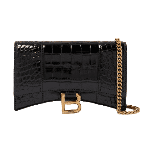 BALENCIAGA Hourglass Mini Wallet on Chain in Shiny Crocodile Embossed Calfskin